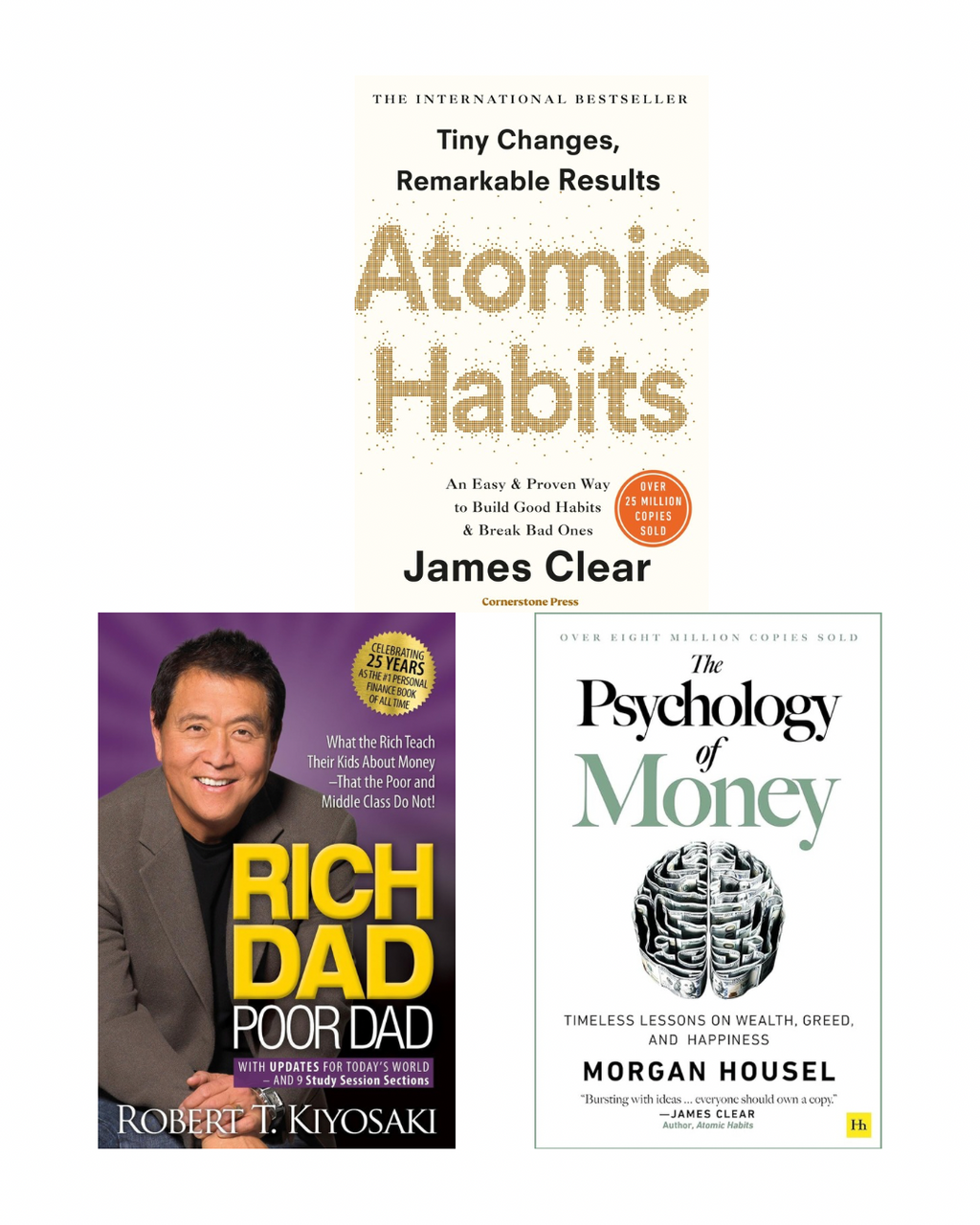 3 bestsellers books - rich dad poor dad - the psychology of money- atomic habits - self help motivational bestsellers