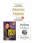 3 bestsellers books - rich dad poor dad - the psychology of money- atomic habits - self help motivational bestsellers